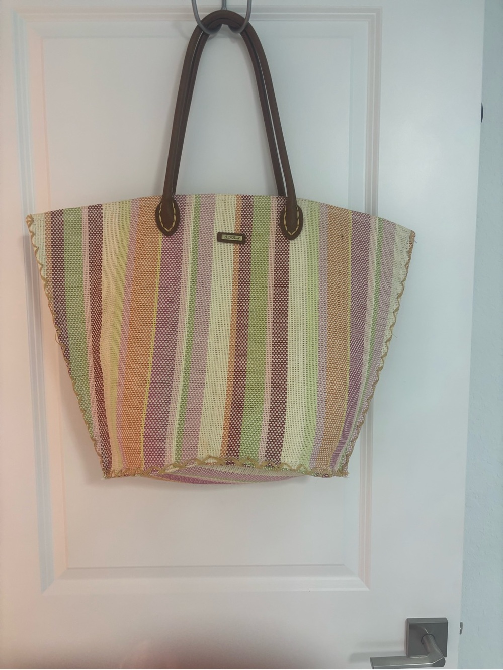 Sun N’ Sand Striped Woven Tote Bag with Brown Handles - Multi-Color